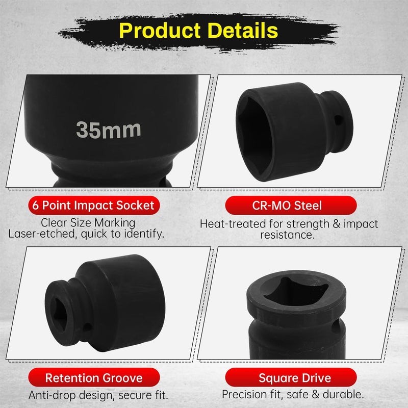 SUNKOO 1/2 Inch Drive 35mm Deep Impact Socket, CR-MO 6 Point Heavy Duty Metric Axle Nut Socket for Easy Removal of Axle and Wheel Hub Nuts - Image 3